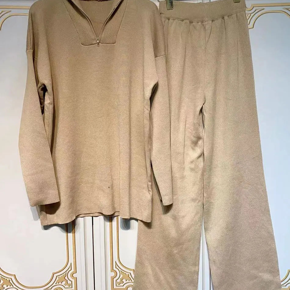 2024 Casual Autumn Loose Knit Sweater Set Fashion Zip Lapel Long Sleeve Pullover Sweater & Straight Pants Two-piece Set Khaki