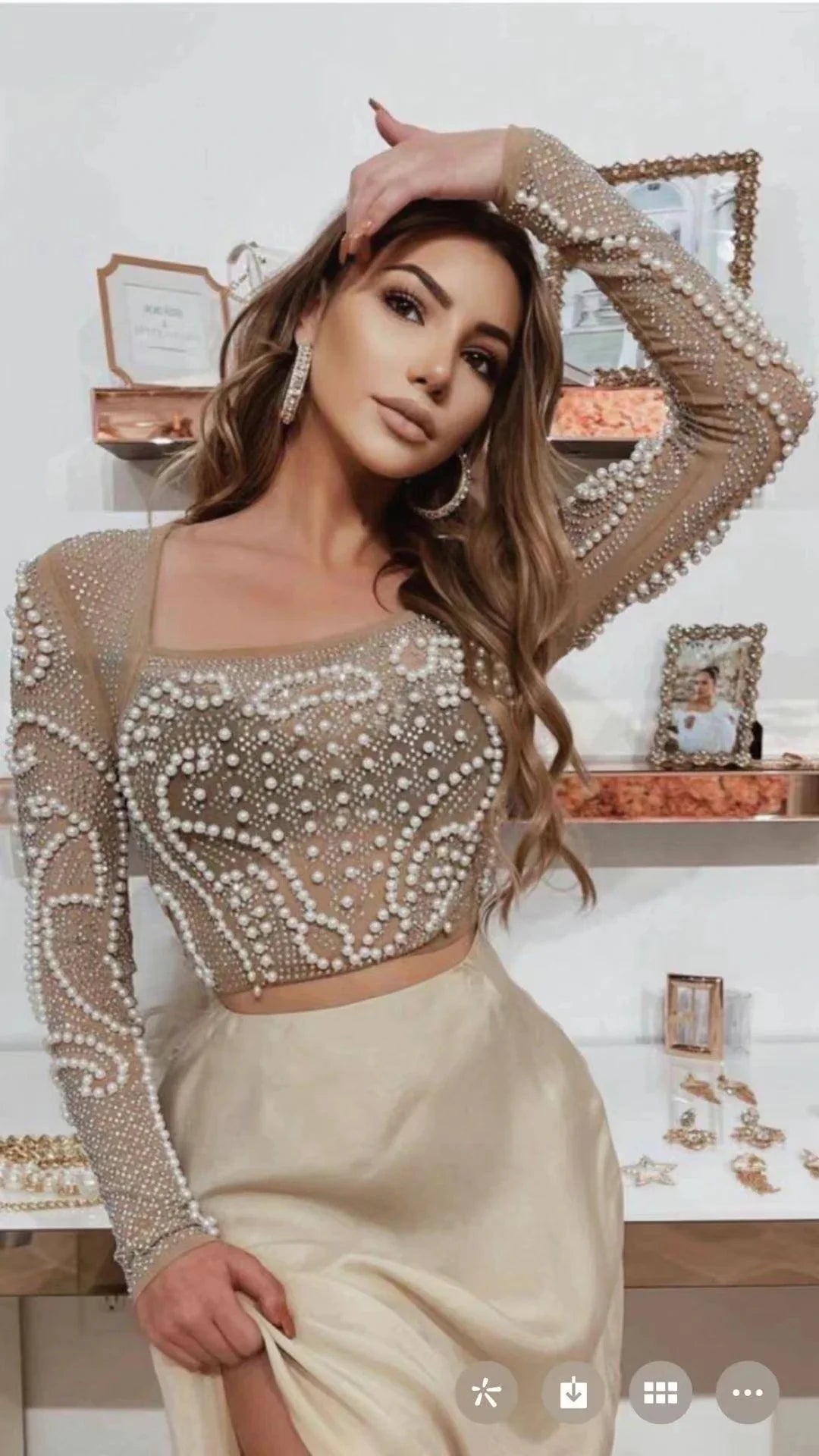 Top Celebrity Black White Two Pieces Set Pearl Beading Hollow Out Rayon Bandage Dress Party Fashion Dress Vestidos