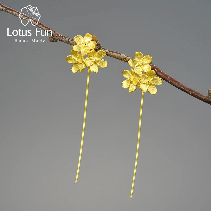 Lotus Fun Long Hanging Elegant Forget-me-not Flower Dangle Earrings For Women Real 925 Sterling Silver Original Fine Jewelry Gold
