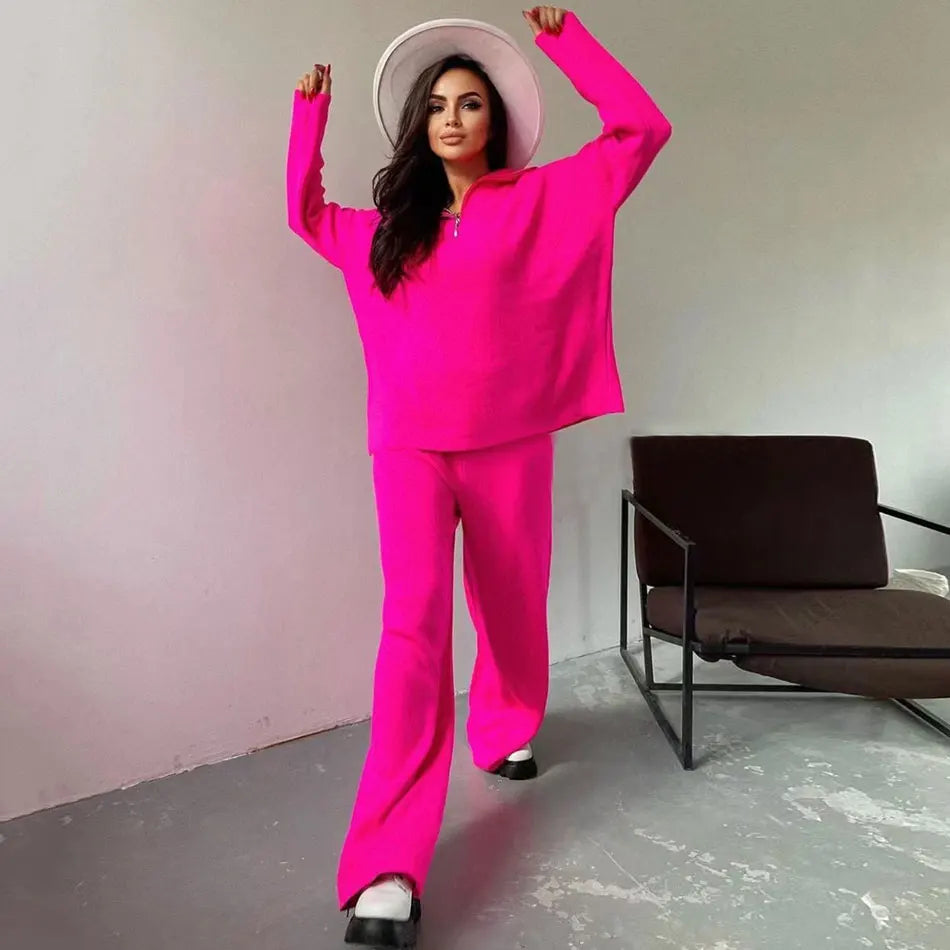 2024 Casual Autumn Loose Knit Sweater Set Fashion Zip Lapel Long Sleeve Pullover Sweater & Straight Pants Two-piece Set