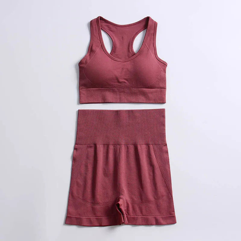 2pcs seamless hyperflex workout sport outfits for women sportswear athletic clothes gym Long Sleeve Crop Top High Waist Leggings Bra shorts Red