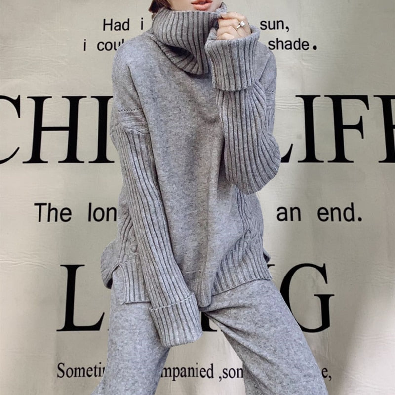 Sweater Set Women Tracksuit Spring Autumn Knitted Suits 2 Piece Set Warm Turtleneck Sweater Pullovers Wide Legs Pants Gray