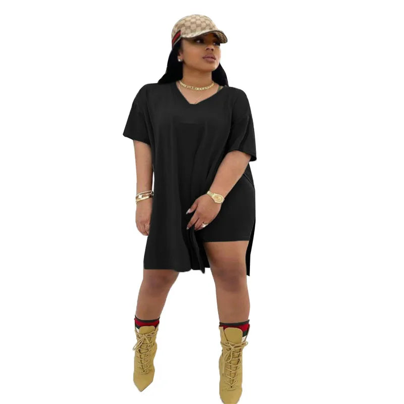 Plus Size Women Clothing Two Piece Set 4xl Summer Wholesale Dropshipping Slip HemTop Shorts Suit Casual Tracksuit Streetwear black