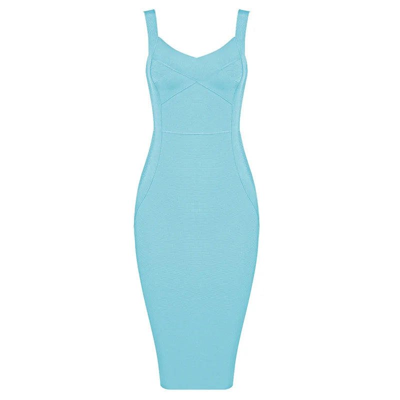 Women Sleeveless Rayon Bandage Dress Celebrity Elegant Green Purple Pink Bodycon Cocktail Party Dress Vestidos SKY BLUE