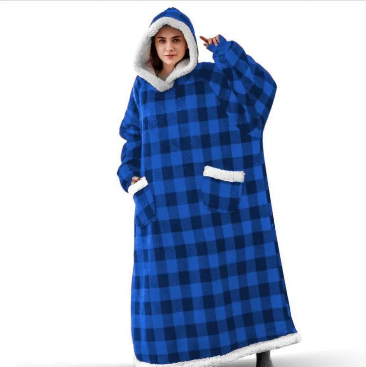 Super Long Flannel Blanket with Sleeves Winter Hoodies Sweatshirt Women Men Pullover Fleece Giant TV Blanket Oversized WF032 Blue Plaid