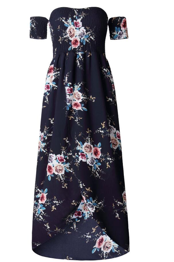 Sexy floral Dress Summer Split Maxi Beach Sundress Off Backless Dress Boho Long Dresses Vestidos Femme Navy