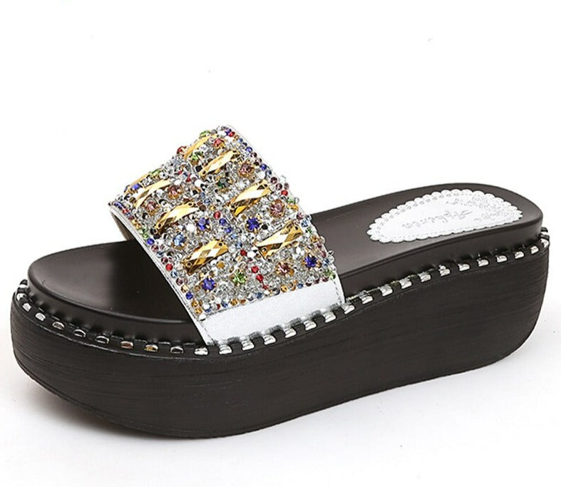 Platform Rhinestone Sandals Slippers Women Gemstone Slides Women Shoes Wedge Slippers String Bead Beach Slides Shoes Silver - Gemstone