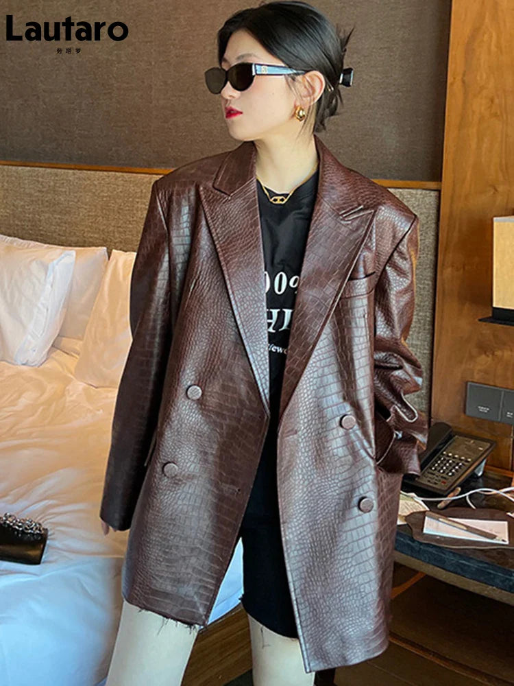 Autumn Oversized Shiny Purple Crocodile Pattern Faux Leather Blazer Women Long Sleeve Double Breasted Y2K Jacket Fashion