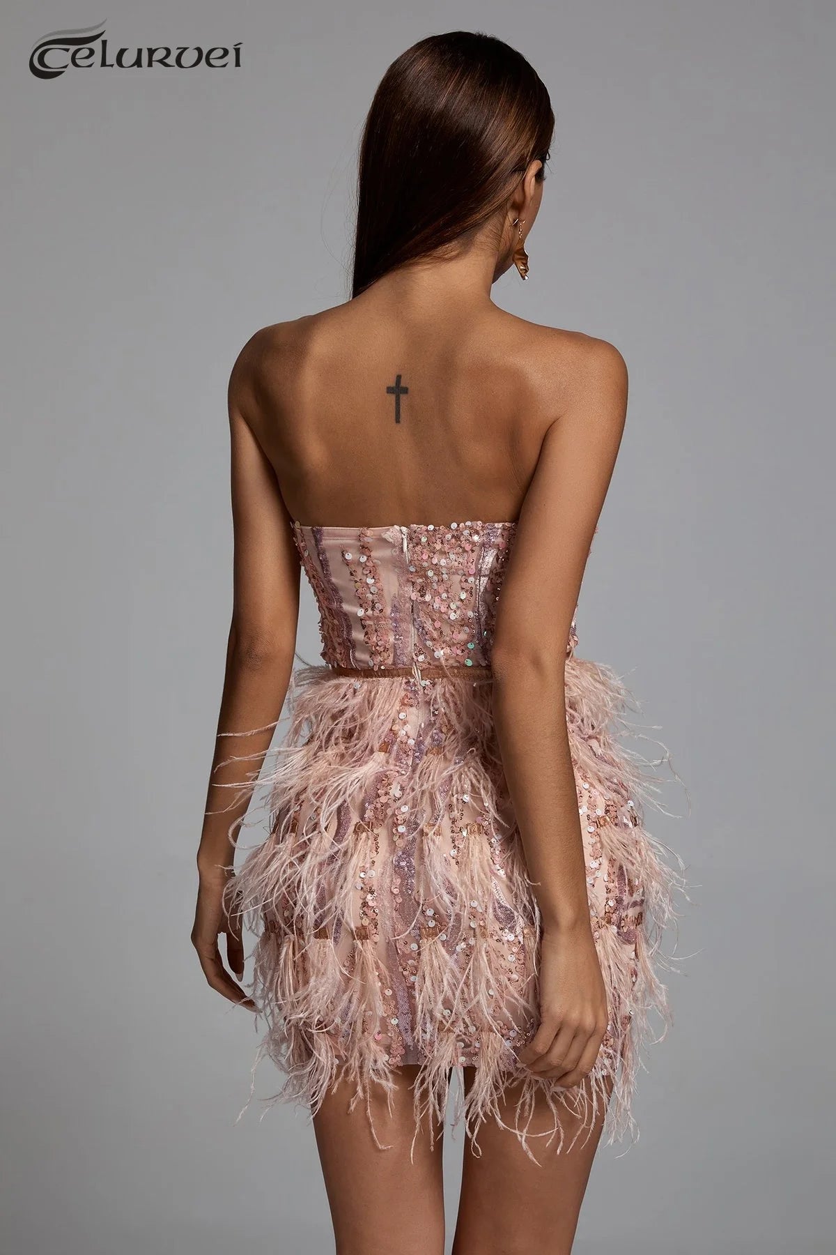 Pink Sequin Feather Mini Dress Fashion Strapless Night Club Party Bodycon Dress Vestidos