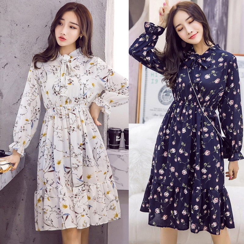 Robe chemise en mousseline de soie, grande taille, vêtements pour femmes, manches longues, nœud rouge, Floral, soirée en Club, automne hiver