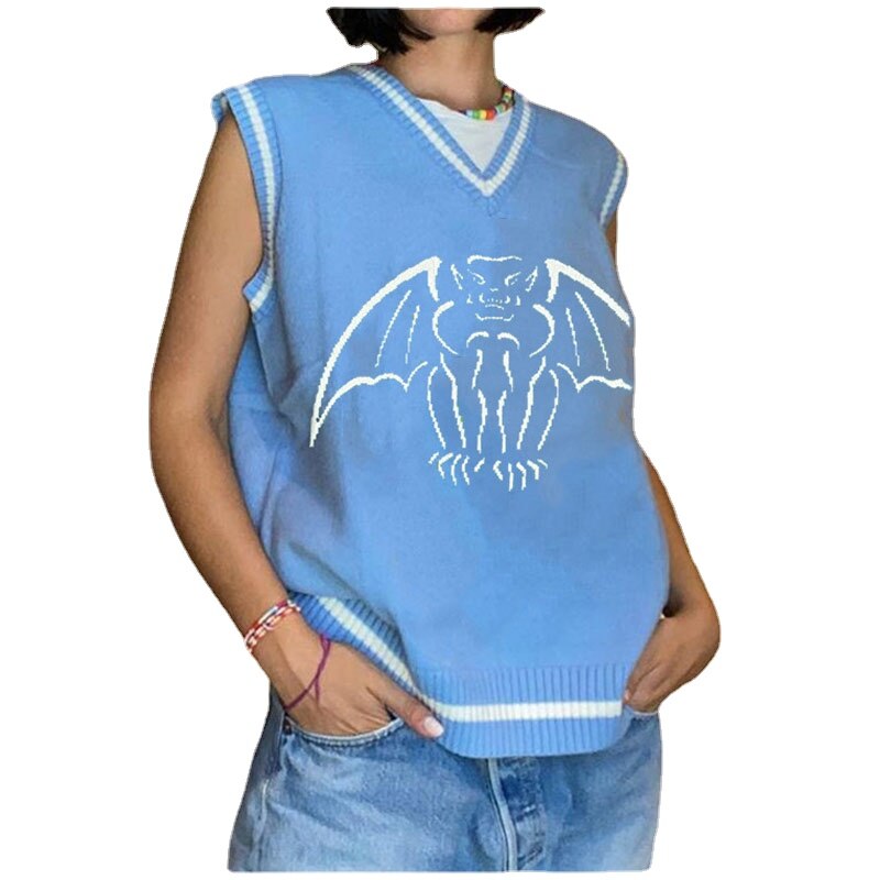 Y2K Oversized Sweater Pullover Ladies Casual Loose Printed Knitted Sweater Retro College Style Halloween Street Fall Winter 2021 20541 blue