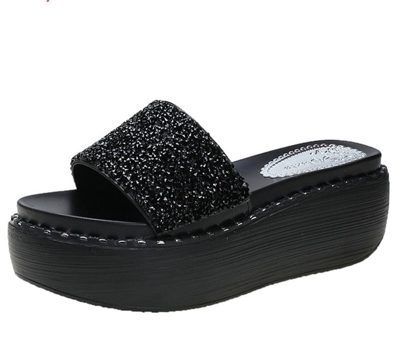 Platform Rhinestone Sandals Slippers Women Gemstone Slides Women Shoes Wedge Slippers String Bead Beach Slides Shoes