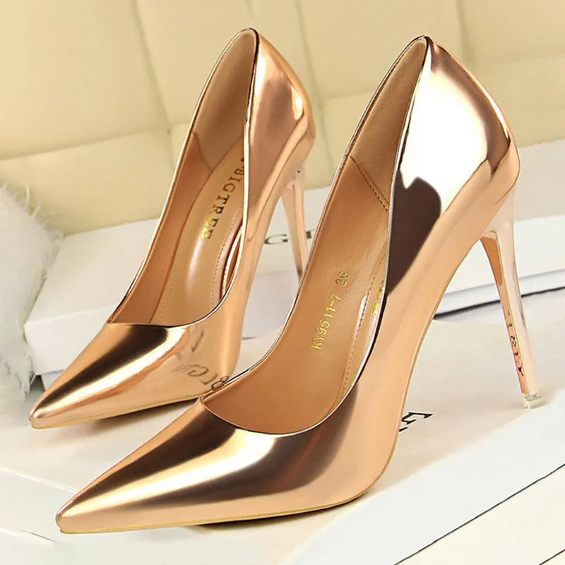 Shoes Woman Pumps Patent Leather High Heels Shoes Women Basic Pump Wedding Shoes Female Stiletto Women Heel Plus Size 43 Champagne
