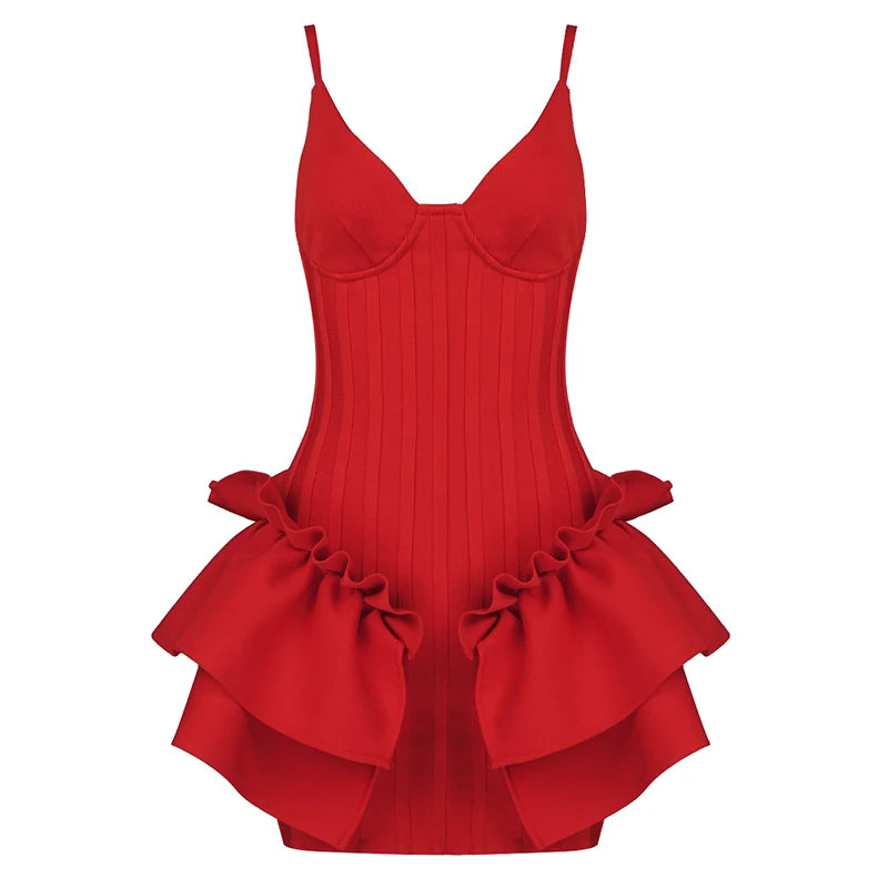 Black Red White Ladies HL Bandage Dress Strap V-Neck Bodycon Mini Dress Ball Grown Fashion Girls' Birthday Party Dress Vestido Red