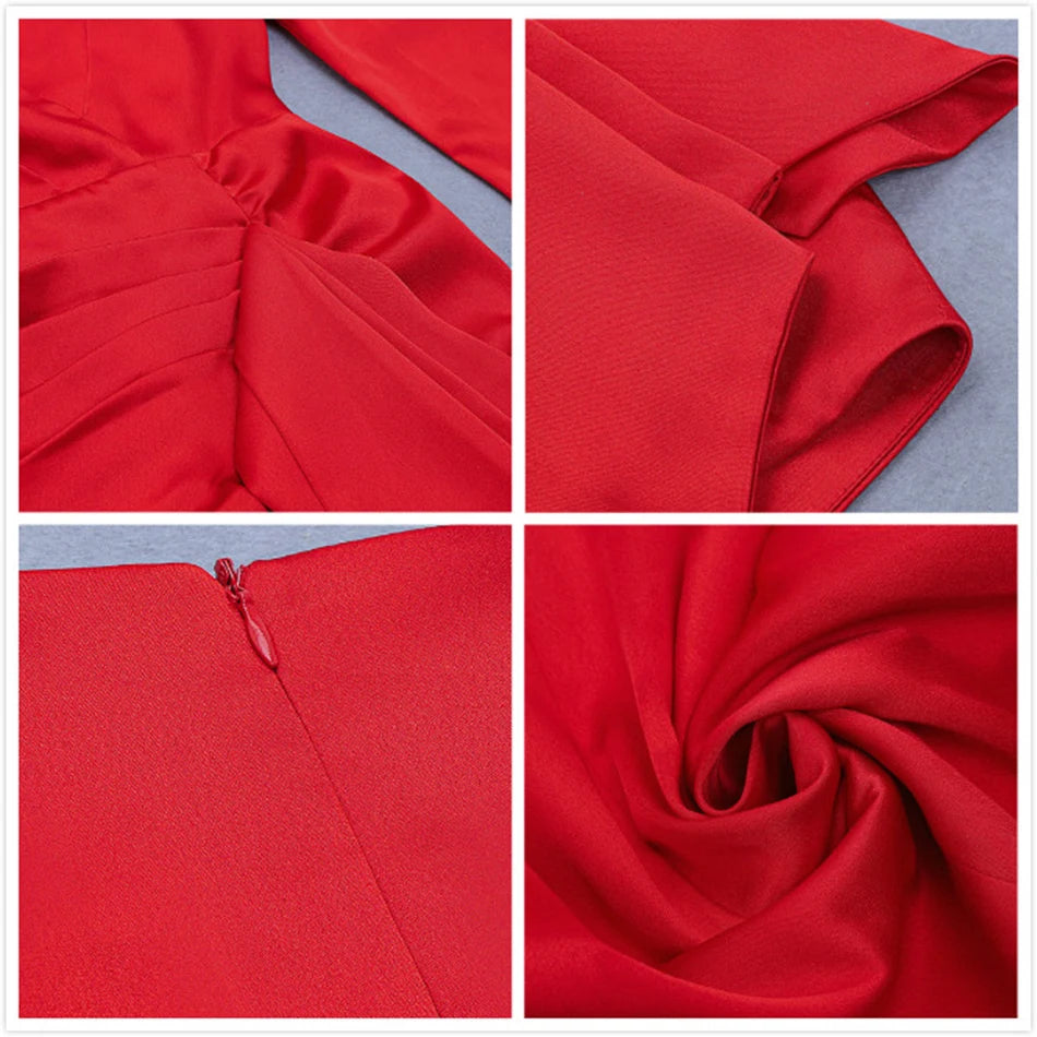 Sexy Red Satin Dress 2025 New Women's Deep V Neck Puff Sleeve Bodycon Draped Dress Club Night Party Mini Vestidos