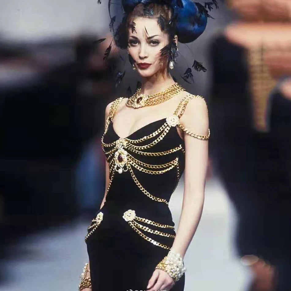 Runway Fashion Maxi Long Bandage Dress Open Fork Chains Strap Fashion Beading Bandage Dress Cocktail Party Bodycon Dresses 2025