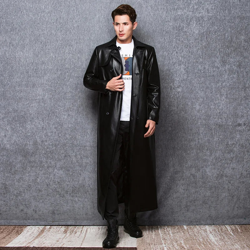 Lautaro-Long Black Leather Trench Coat for Men, Long Sleeve, Double Breasted, Plus Size, PU Leather, Men's Clothing, 6XL, 7XL