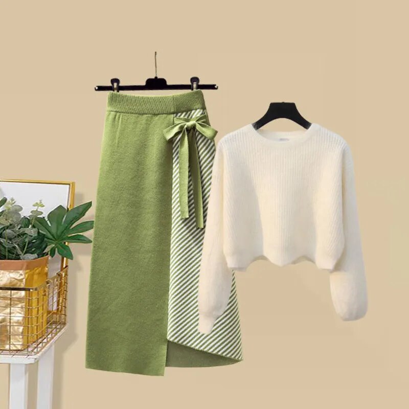 Women Autumn Winter Warm Knitted Two Pieces Sets Korean Long Sleeve Pullover Sweater Top And High Waist Skirts Sets Skirt Two Piece Set 13