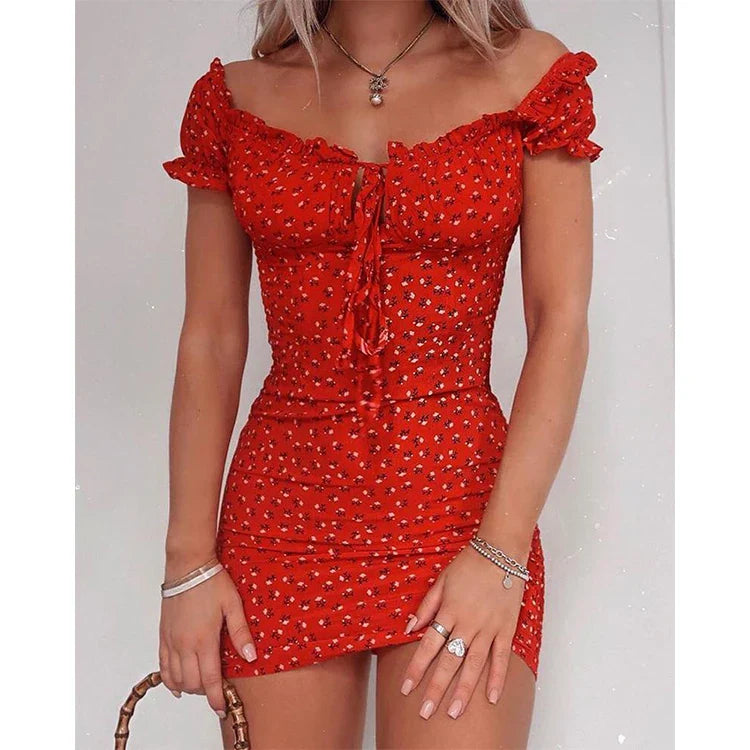 Hirigin Floral Wrap Women Dress Ladies Off Shoulder Tie Up Front OL Slash Neck Printed Ruffle Pencil Dresses Fashion Vestido