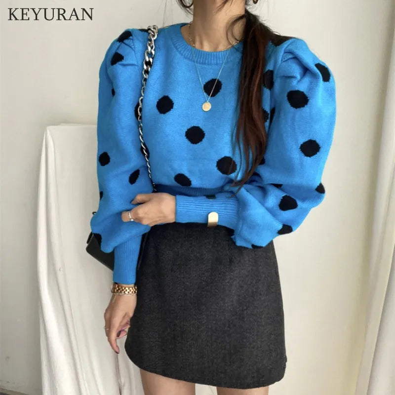Korean Chic Puff Sleeve Sweater Women Stylish Autumn Winter Polka Dot Pullover Sweater Women's Knitwear Jumper Tops Lady