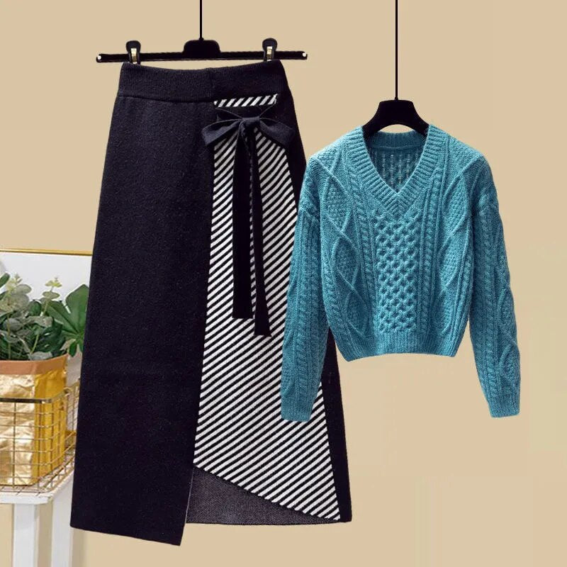 Women Autumn Winter Warm Knitted Two Pieces Sets Korean Long Sleeve Pullover Sweater Top And High Waist Skirts Sets