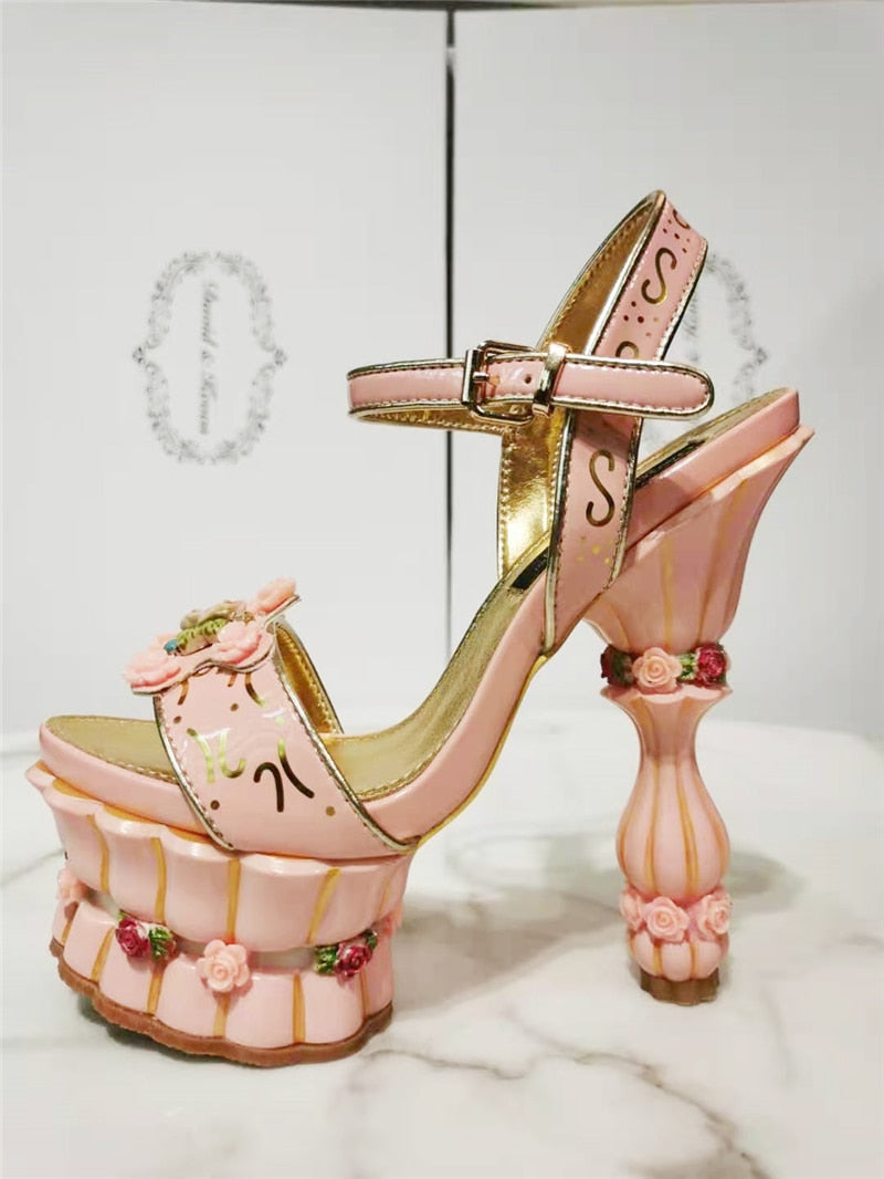 Print Flower High Platform Sandals Women Ankle Strap Sweet Pink Banquet Shoes Woman Rose Decor Strange Heel Summer Sandalias Pink
