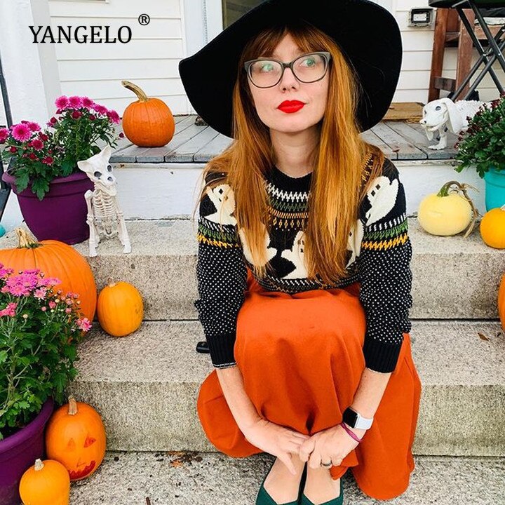 Yangelo Y2k Sweaters Women Halloween's Clothes Gothic Ghost Knitted Pullover for Autumn Winter Purple Streetwear Girl's Top