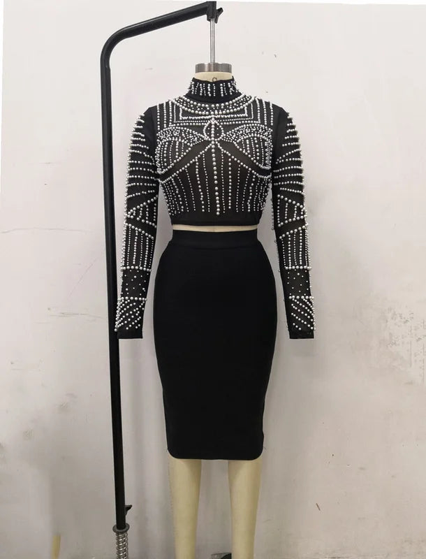 Black Pearls Beading Two Pieces Set Rayon Bandage Set Club Party Fashion Outfit