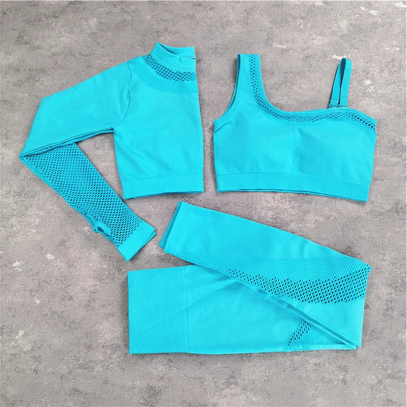 Seamless Yoga Set Sport Outfits Women 2pcs Two Piece Hollow Long Sleeve Crop top Leggings Workout Wear Gym Suit Fitness Sets 3pcs Blue Set