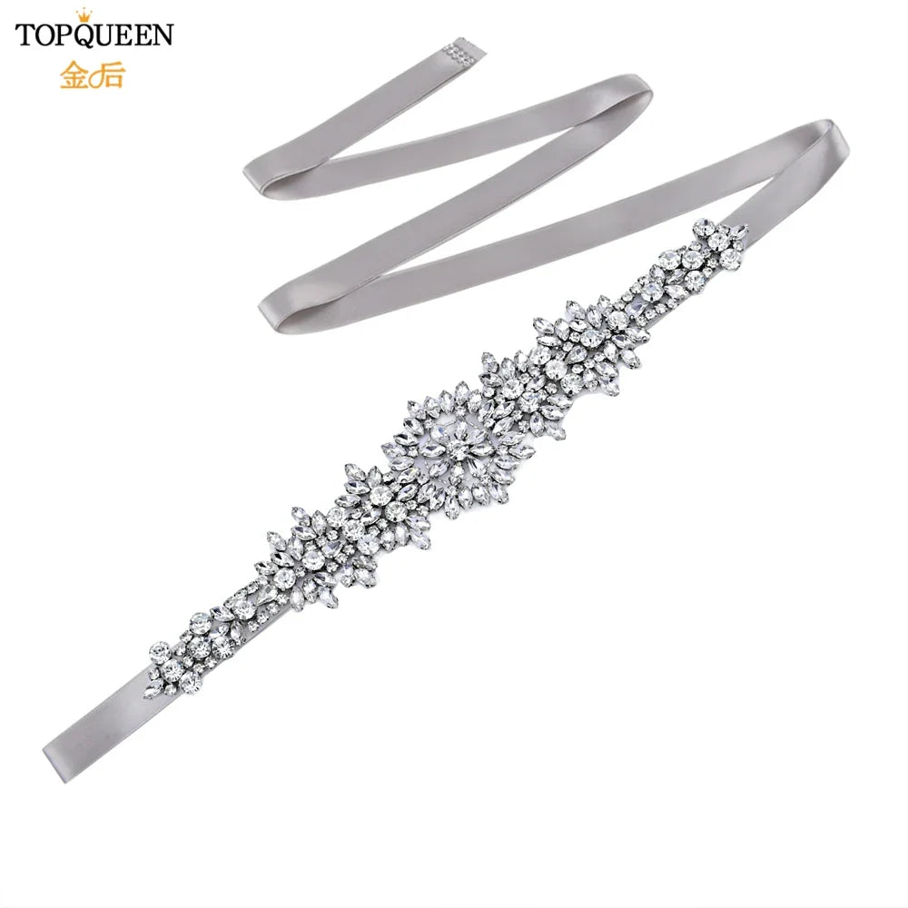 TOPQUEEN S319 Rhinestones Wedding Belt Sparkly Bride Dress Decorative Sash with Stone Jeweled Satin Ribbons Silver Gown Applique Gray ribbon