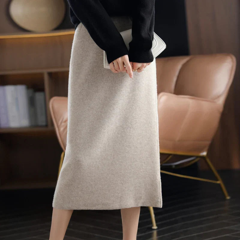 Autumn Winter New 100%Pure Wool Knit Long Skirt Women Casual Thick Korean High Waist Pack Hip Cashmere Wild A-Line Skirt camel