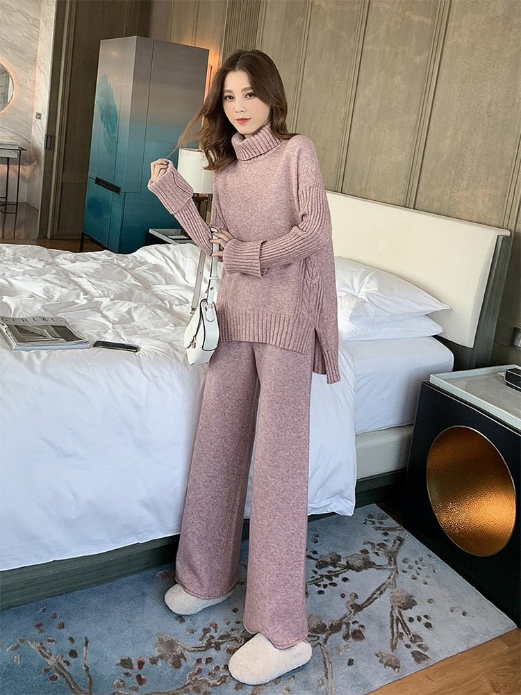 Sweater Set Women Tracksuit Spring Autumn Knitted Suits 2 Piece Set Warm Turtleneck Sweater Pullovers Wide Legs Pants Pink purple