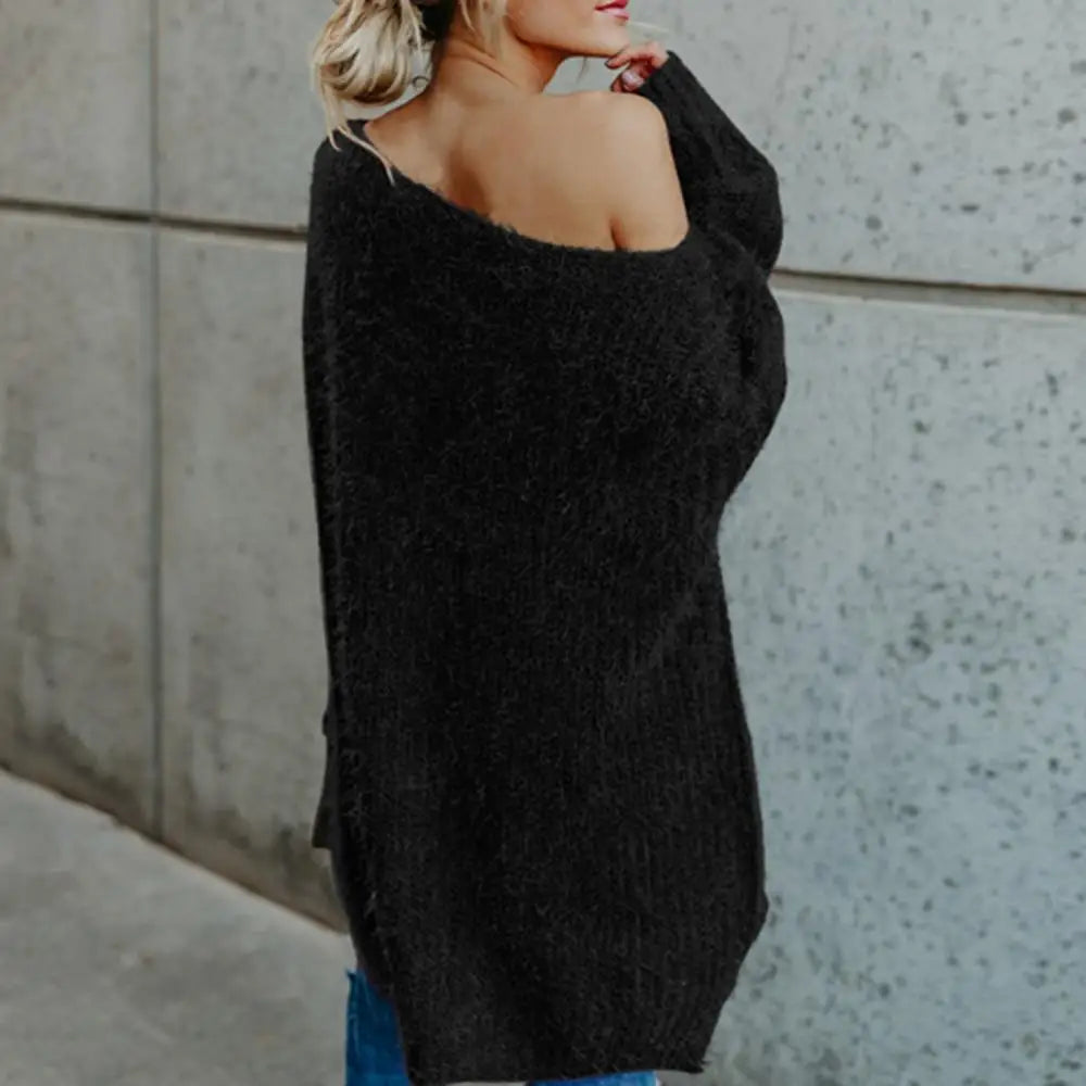 Women's Sweater Fashion Solid Color Sloping Shoulder Plush Jumper Loose Casual Knitted Sweater Top Oversized Sweater for Women