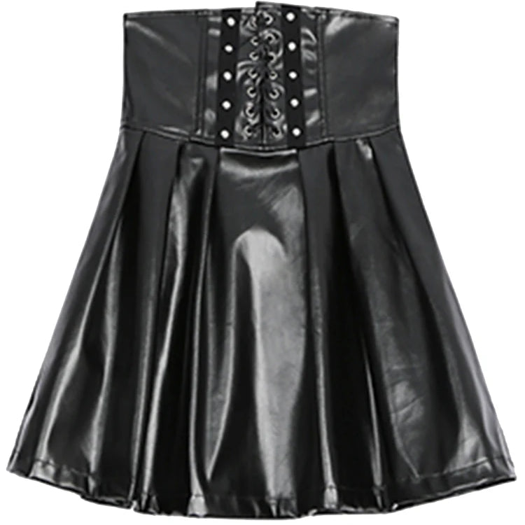 Lautaro Spring Autumn Black Soft Pu Leather Pleated Skirt Women High Waist Goth Vintage Punk Style Luxury Designer Clothes 2025