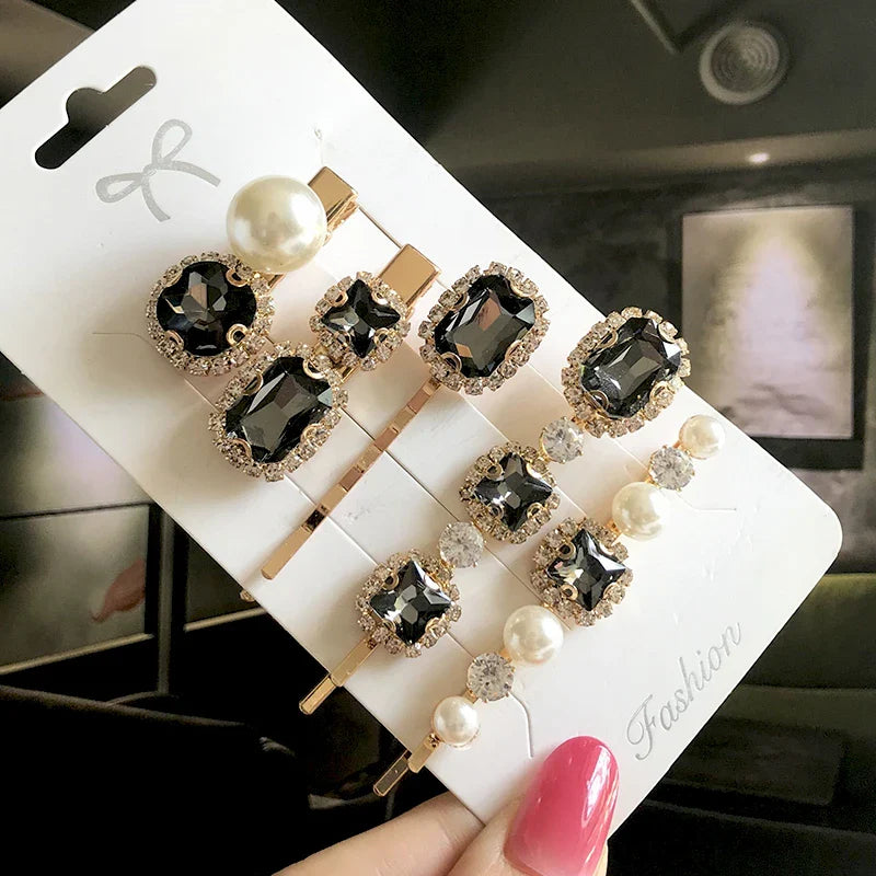 Set Women Hair Clips Jewelry Fashion Crystal Hair Accessories For Girls Luxury Pearl Geometric Barrettes Pins Christmas Gift 5pcs-black