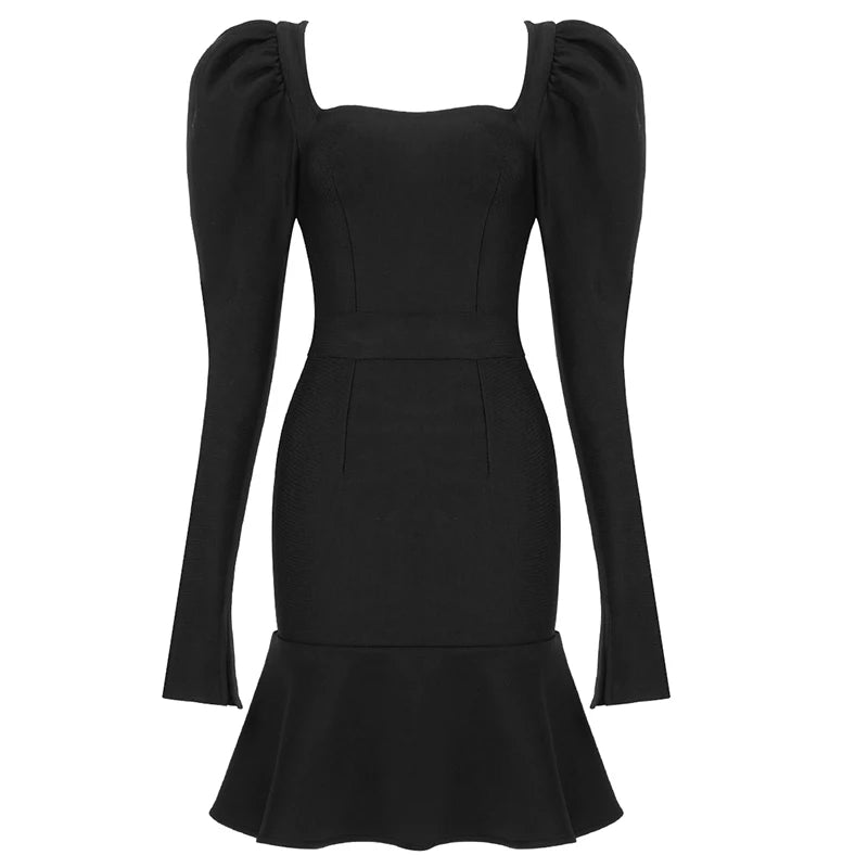 Women Winter Sexy Long Sleeve Square Collar Black Pleated Mini Bodycon Bandage Dress 2021 Elegant Evening Party Dress Vestidos black