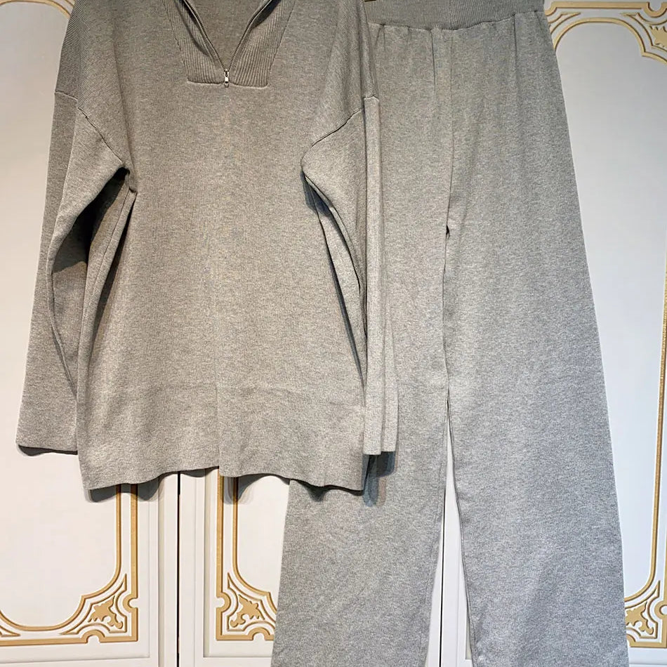 2024 Casual Autumn Loose Knit Sweater Set Fashion Zip Lapel Long Sleeve Pullover Sweater & Straight Pants Two-piece Set GRAY