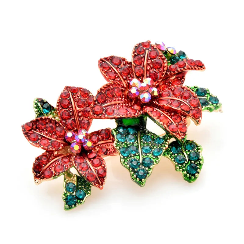 Wuli&baby Red Rhinestone Flower Brooches Women Alloy Beautiful Flower Brooch Pins New Year Gifts