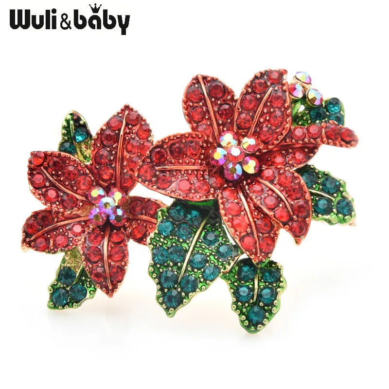Wuli&baby Red Rhinestone Flower Brooches Women Alloy Beautiful Flower Brooch Pins New Year Gifts Default Title