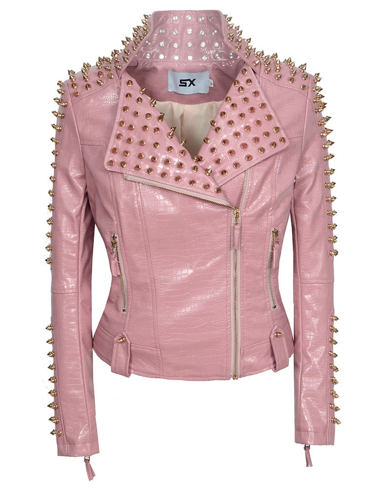 SX Occident Fashion women Club hot style Stud slim fit jacket shoulder rivets zip stitching short PU leather rock coat Pink