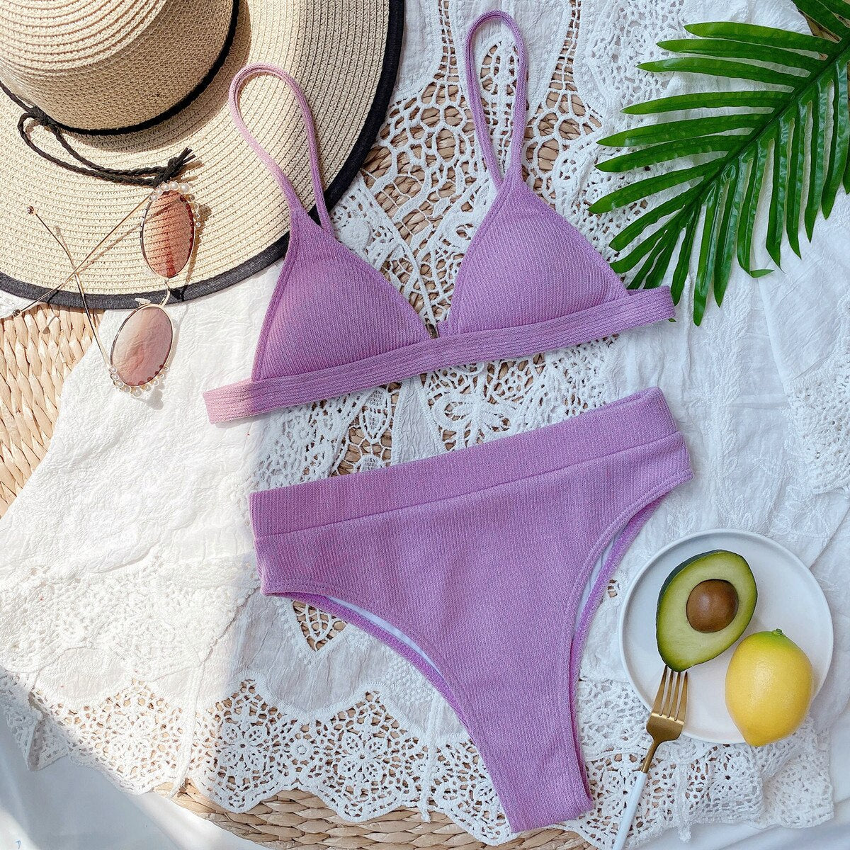 RUUHEE 2024 Bikini Swimwear Swimsuit Women Solid Bathing Suit Green Neno Bikini Set With Pad Female High Waist Beachwear Biquini B4326PU