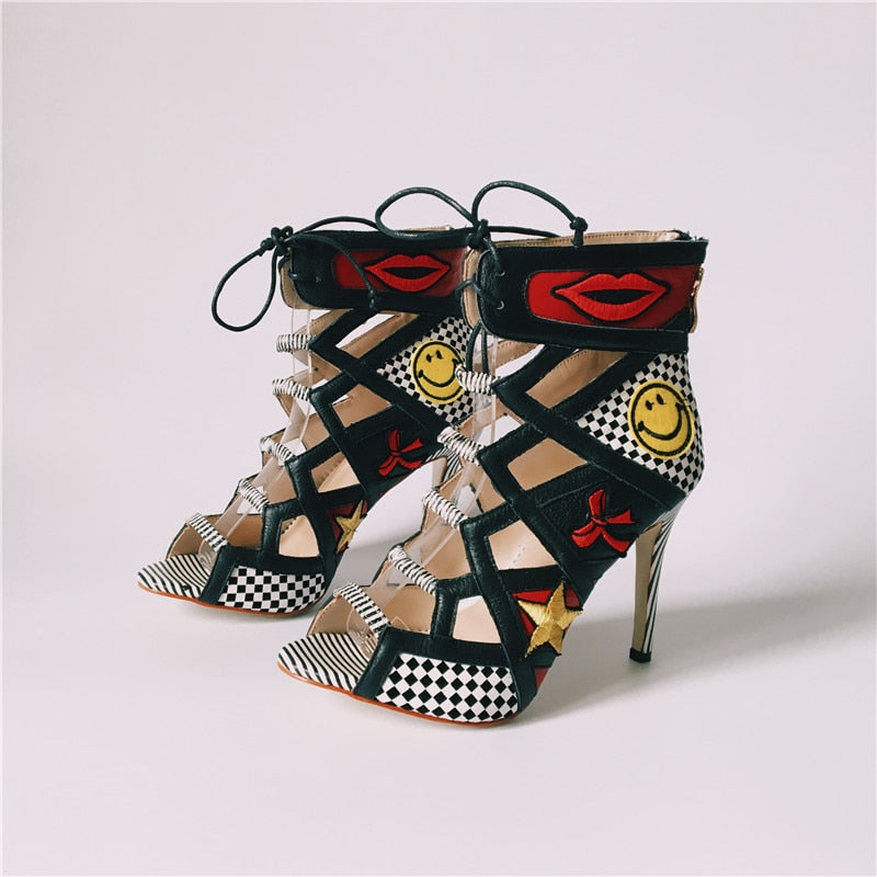 Women Summer Sandals Colorful Embroider High Heels Sandalias Fashion Zapatos Mujer Lace Up Pumps Prom Booties red mouth