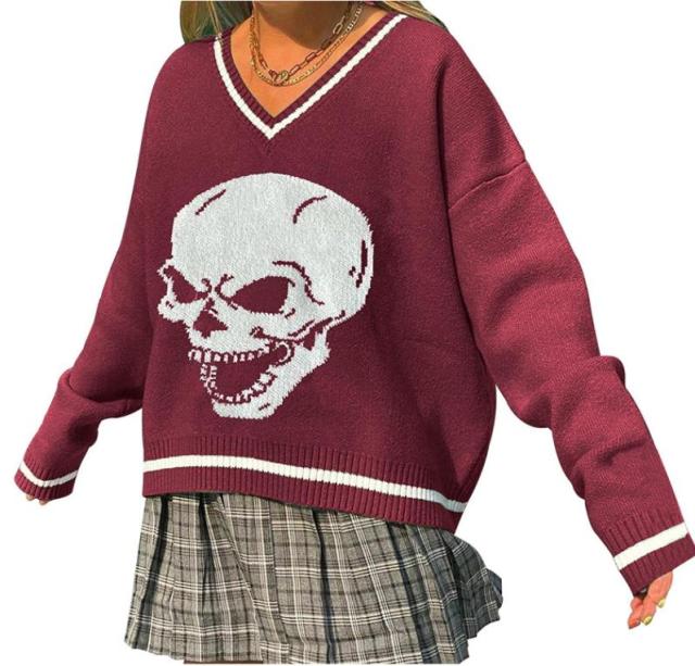 Y2K Oversized Sweater Pullover Ladies Casual Loose Printed Knitted Sweater Retro College Style Halloween Street Fall Winter 2021 20551 Red wine