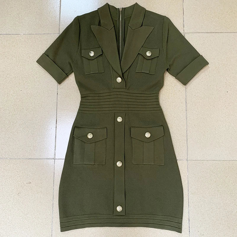 HIGH QUALITY Newest Designer Runway Fashion Women's Short Sleeve Notched Collar Lion Buttons Knitted Dress army green