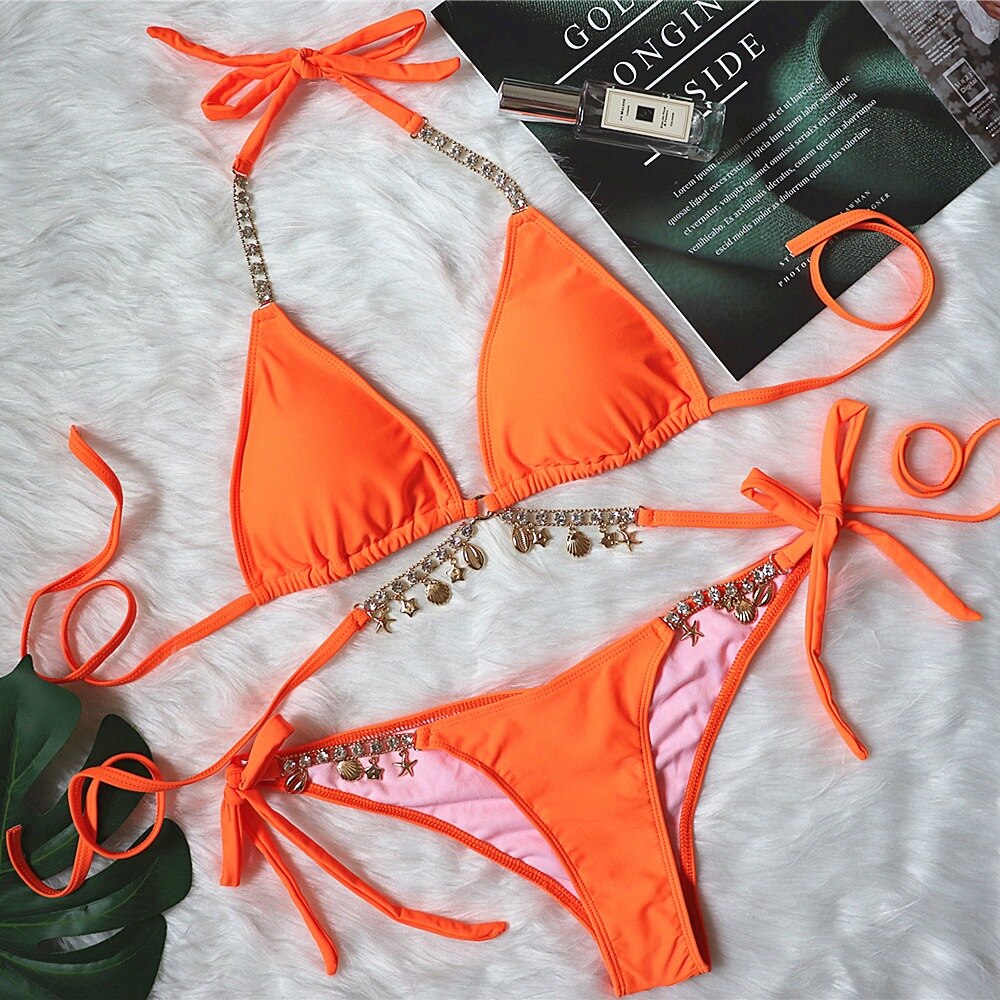 Sexy Triangle Bikini Luxury Rhinestone Women's Swimsuit Crystal Diamond Metal Chian Split Swimwear Beach Wear Girls Bathing Suit Orange