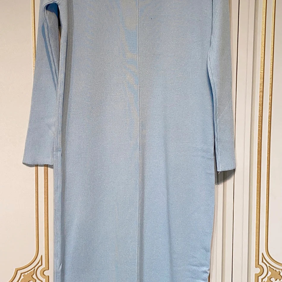 2024 Casual Midi Knit Dress Women's O-neck Long Sleeve Split Straight Dresses 2023 New Autumn Pure Color Knit Vestidos SKY BLUE