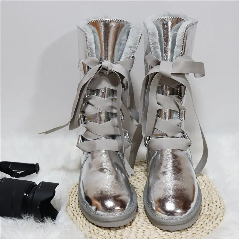 Waterproof High Boots Lace Up 2024 Woman Winter Snow Boots Women's Shoes Thick Plush Genuine Leather Winter Women's Snow Boots