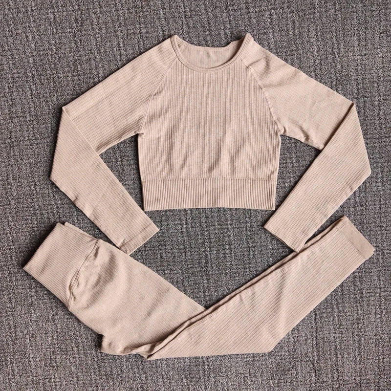 Women's Sportswear Yoga Set Workout Clothes Athletic Wear Sports Gym Legging Seamless Fitness Bra Crop Top Long Sleeve Yoga Suit ShirtsPantsKhaki