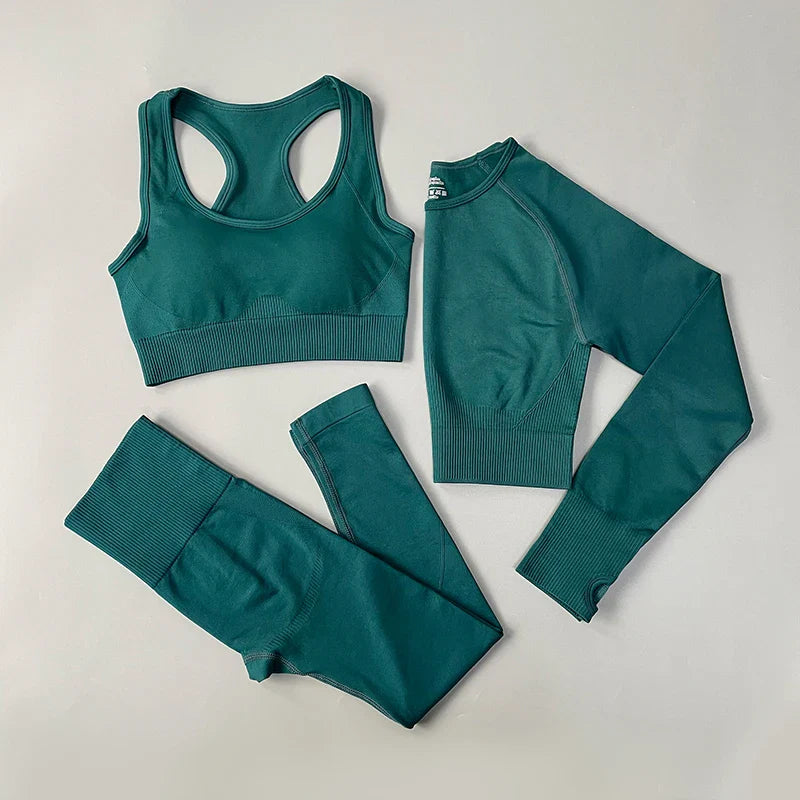 2/3/4PCS Seamless Women Yoga Set Workout Sportswear Gym Clothes Fitness Long Sleeve Crop Top High Waist Leggings Sports Suit 3Pcs Set Green