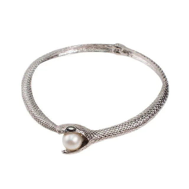 KDLUN Snake with Alloy Curved Bar Design Neck Collar Choker Necklace for Women Imitation Pearl Statement Necklace Party Jewelry 4950 Silver Color